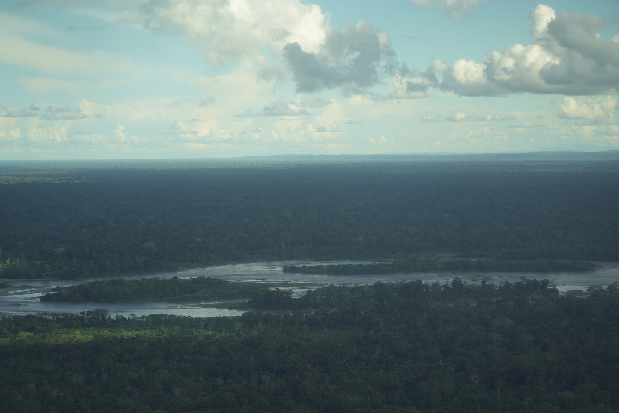 El Río Pastaza y su bosque, vistos desde el aire, antes de llegar al territorio Achuar de Mashientz. Foto: Sebastián Espín / Conservación Internacional Ecuador.