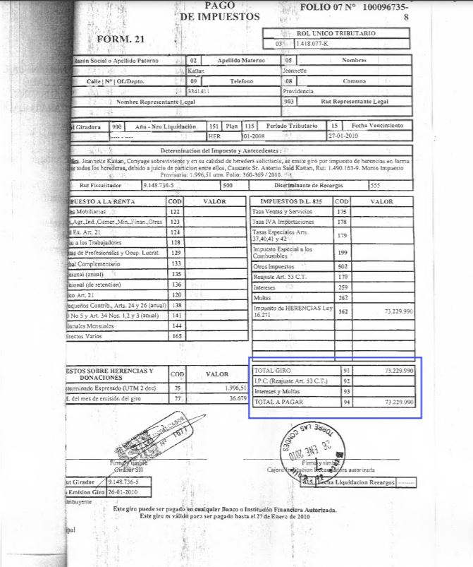 Pago de impuesto a la herencia correspondiente a la fortuna de Antonio Said Pago de impuesto a la herencia correspondiente a la fortuna de Antonio Said
