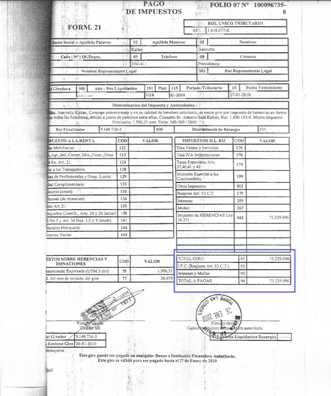 Pago de impuesto a la herencia correspondiente a la fortuna de Antonio Said