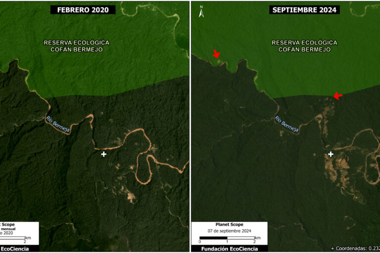 Deforestación minera en la Reserva Ecológica Cofán Bermejo. Imagen: Fundación Ecociencia.