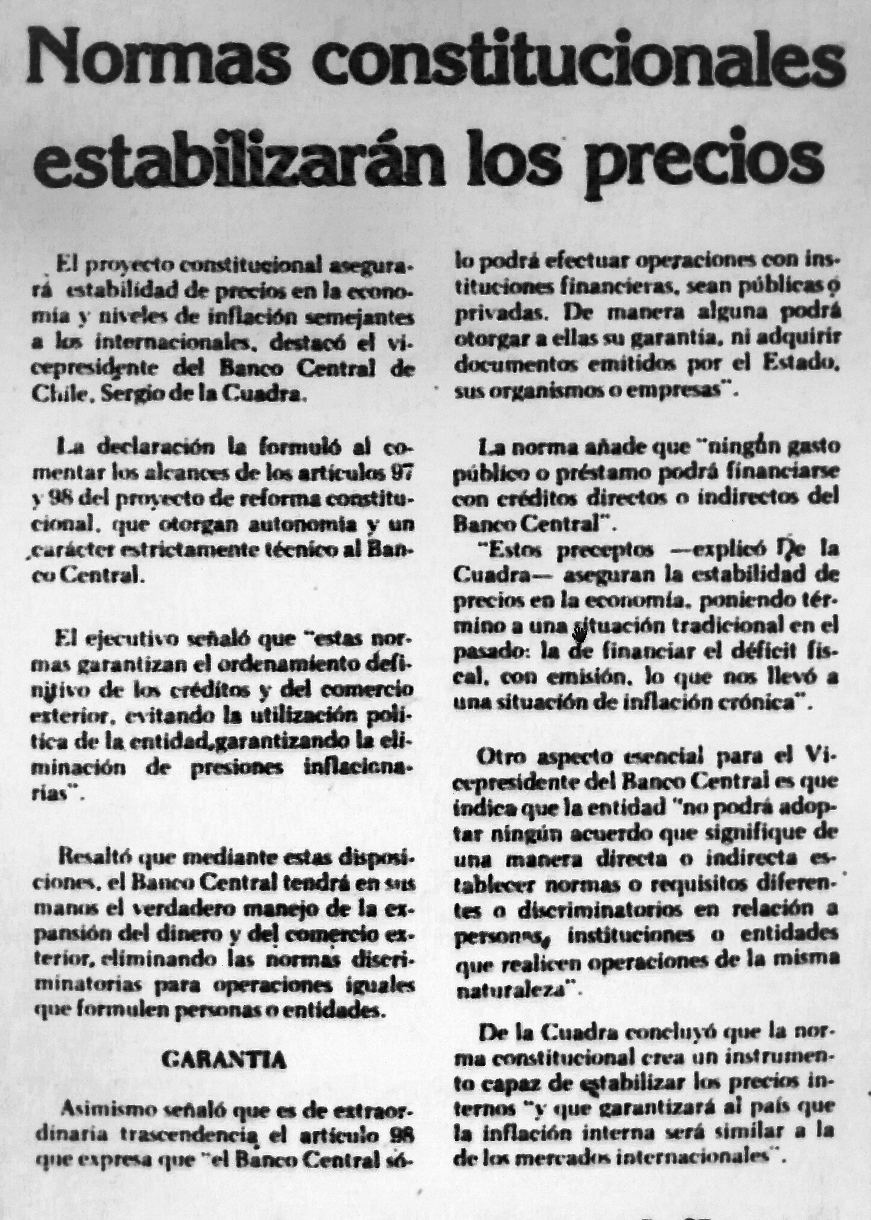 Artículo "Normas constitucionales estabilizarán los precios" de 'El Mercurio' Artículo "Normas constitucionales estabilizarán los precios" de 'El Mercurio'
