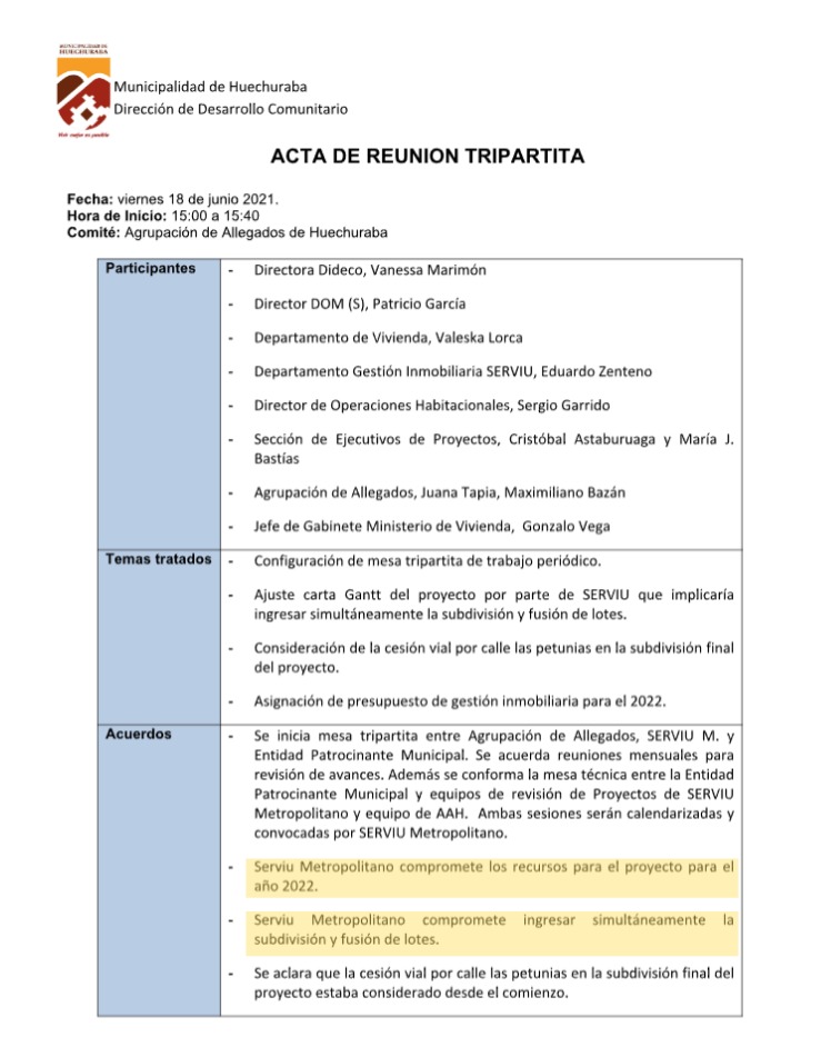 Acta con acuerdos de reunión SERVIU, Municipio y Agrupación en junio 2021 Acta con acuerdos de reunión SERVIU, Municipio y Agrupación en junio 2021