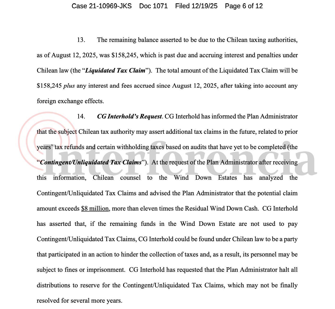 Advertencia de CG Interhold por eventuales deudas tributarias pendientes en Chile.