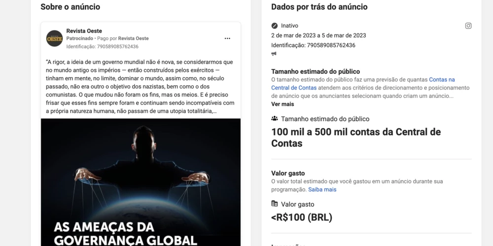 Revista Oeste financió un anuncio de Facebook sobre el calentamiento global
