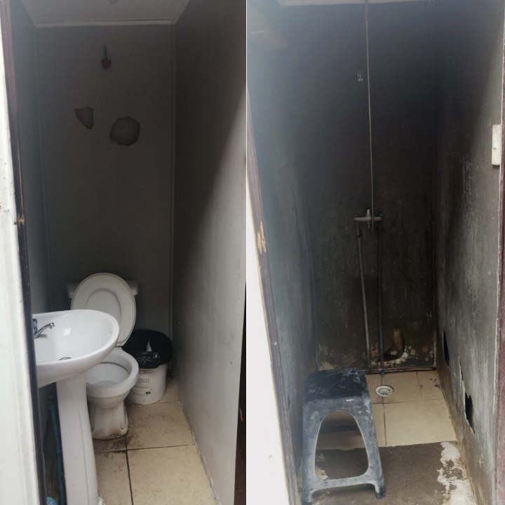 Jean comparte los baños de la vivienda de Recoleta con otras 15 personas. Son cuatro cubículos de 1,20 metros de largo y apenas 80 centímetros de ancho. Foto: Jean Jean comparte los baños de la vivienda de Recoleta con otras 15 personas. Son cuatro cubículos de 1,20 metros de largo y apenas 80 centímetros de ancho. Foto: Jean