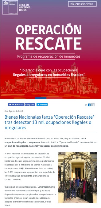 La publicación original del sitio web del Ministerio de Bienes Nacionales, el 8 de agosto de 2018.