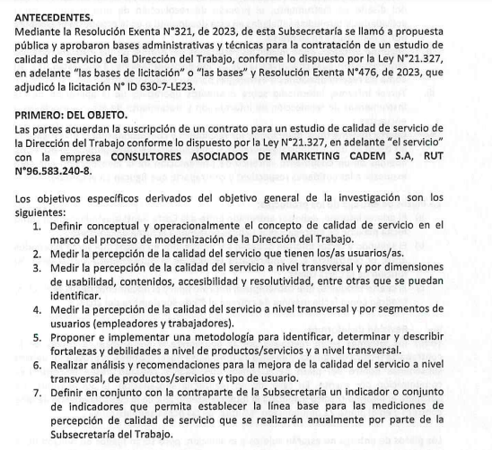 Parte del contrato entre Cadem y el ministerio del Trabajo. Parte del contrato entre Cadem y el ministerio del Trabajo.