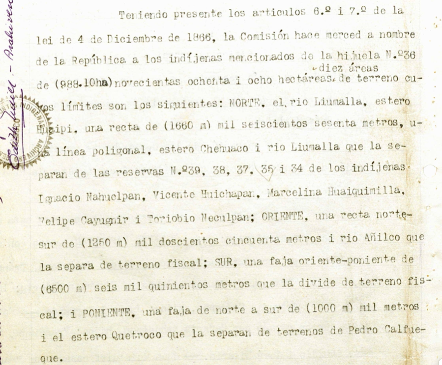 Extracto del título de merced Hilario Manquepan que indica hectáreas y límites