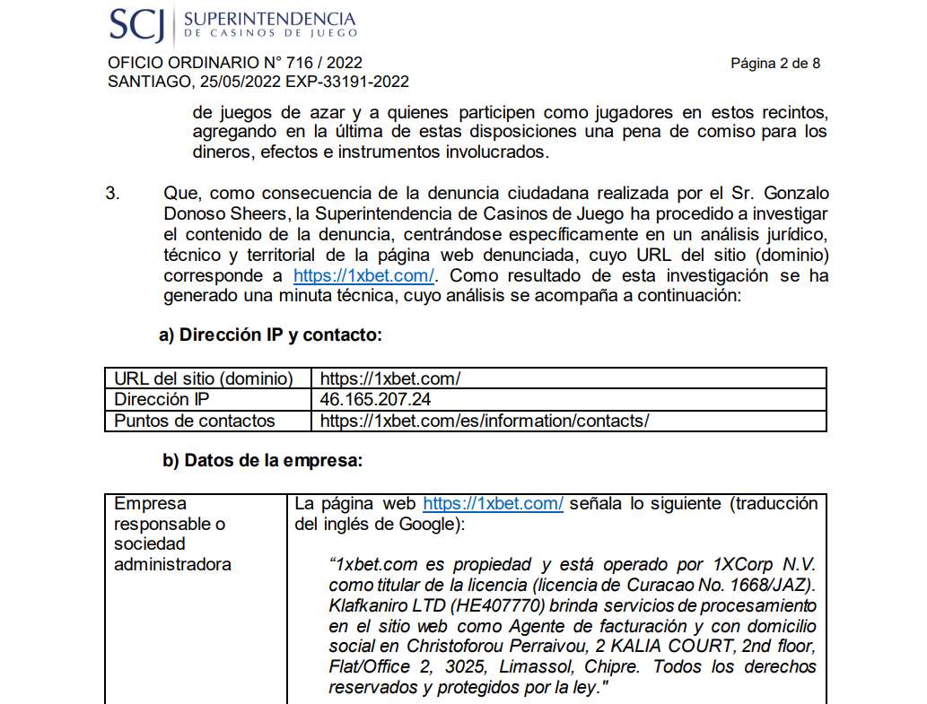 Oficio de la SCJ sobre 1XBet. Oficio de la SCJ sobre 1XBet.