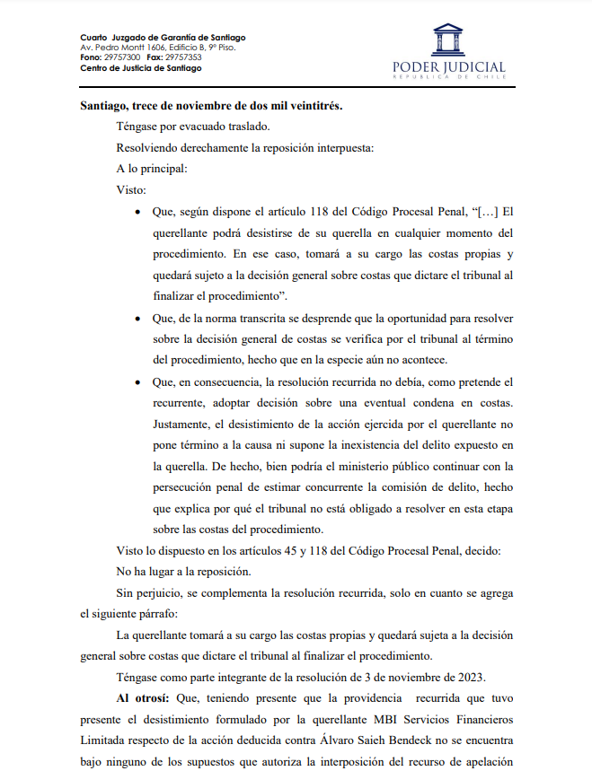 Resolución de Juzgado de Garantía establece que "no ha lugar" reposición de Saieh.