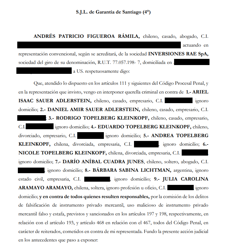 Querella de Inversiones RAE contra Sauer y otros. Querella de Inversiones RAE contra Sauer y otros.
