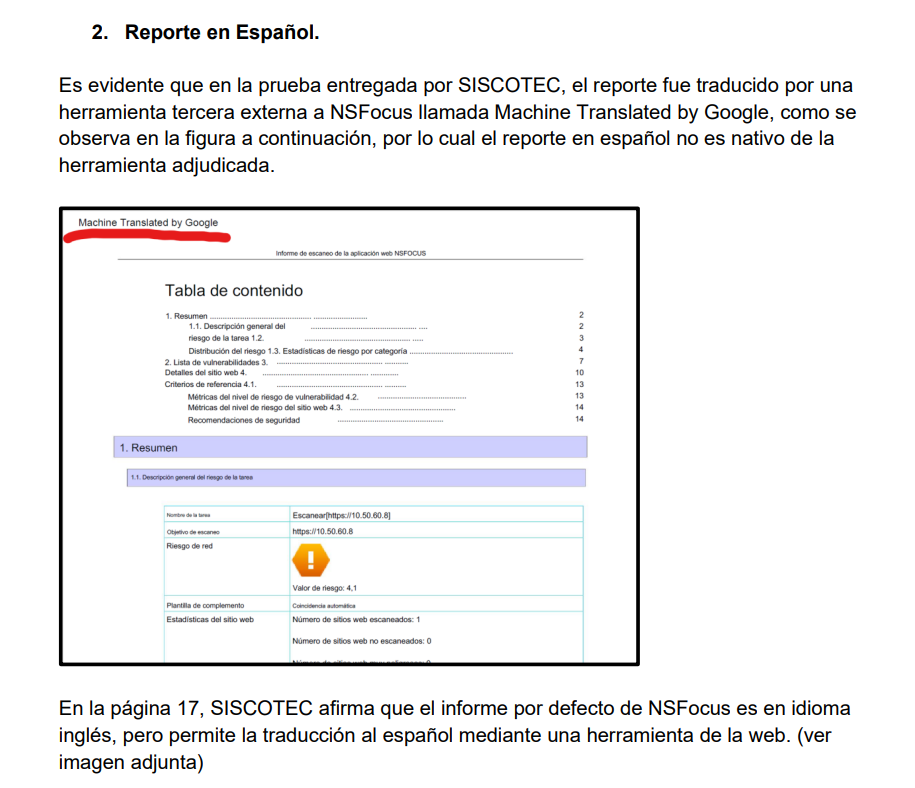 Reclamo contra Siscotec, señala traducción hecha con Google. Reclamo contra Siscotec, señala traducción hecha con Google.