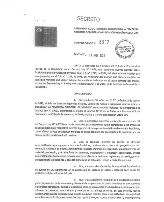 Decreto que declara a Enami como empresa estratégica.