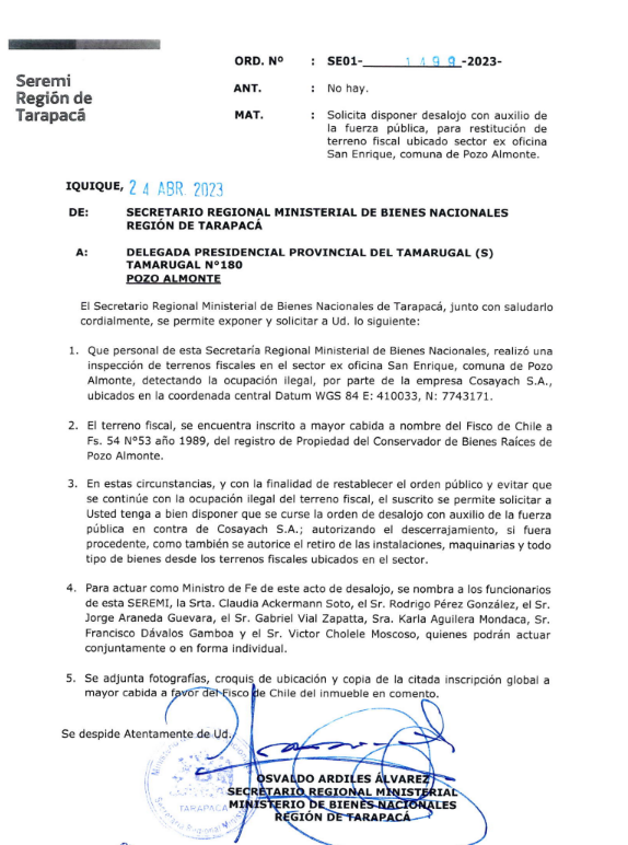 Orden de desalojo solicitada por la Seremi BBNN contra Cosayach.