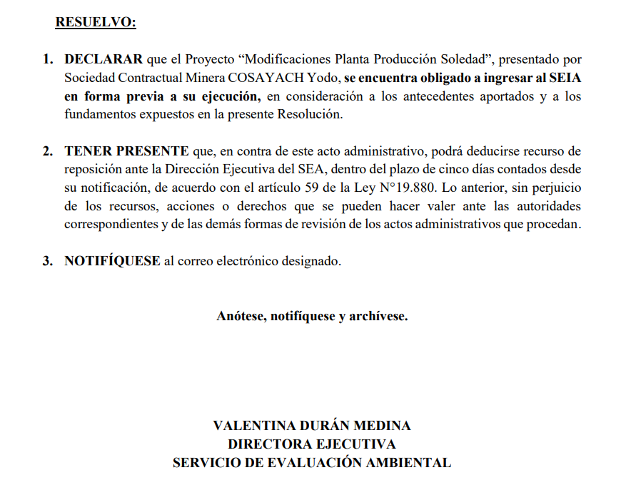 SEA declara que traslado de Faena Soledad de Cosayach debe ingresar al SEIA.