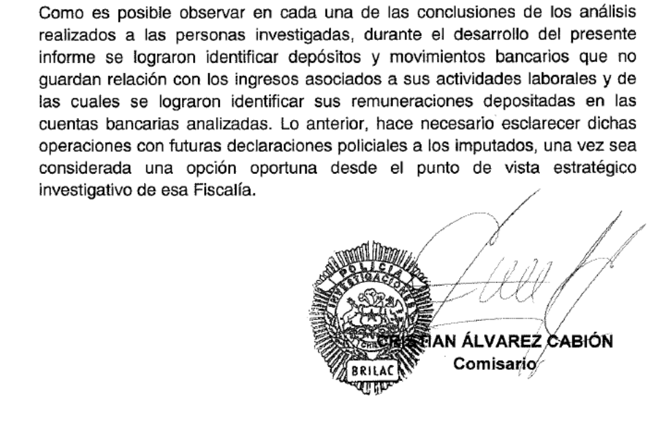 Captura del informe contable de la PDI, adjuntado por Pegasus.