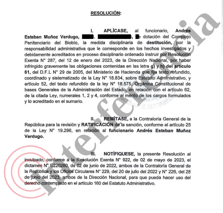 Destitución alcaide subrogante del CCP de Concepción por filtración de lista de visitas de Jorge Mateluna.