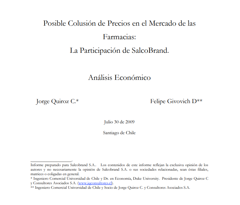 Informe de Quiroz para defender a Salcobrand en caso de colusión de las farmacias.