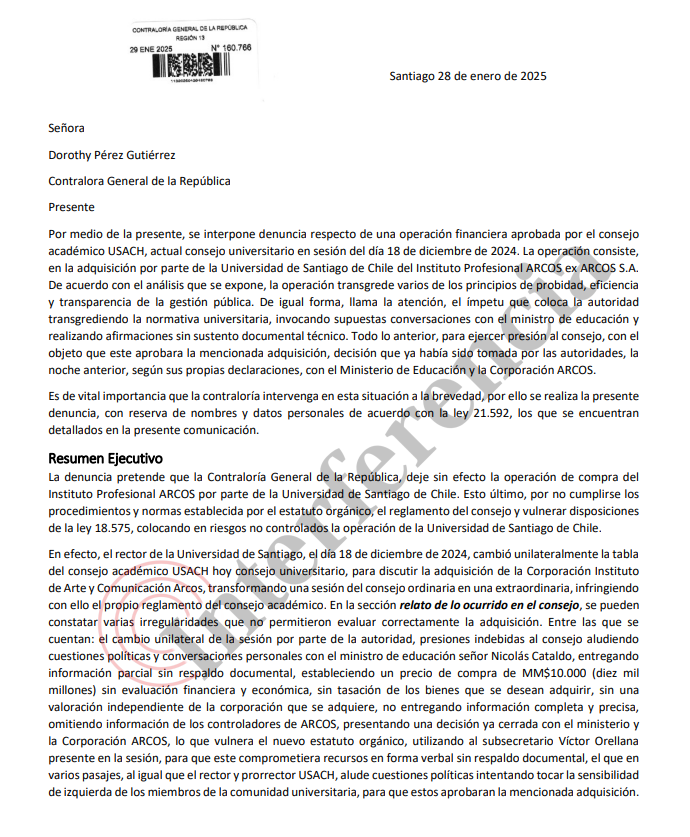 Denuncia anónima compraventa Instituto Arcos por parte de la USACH.