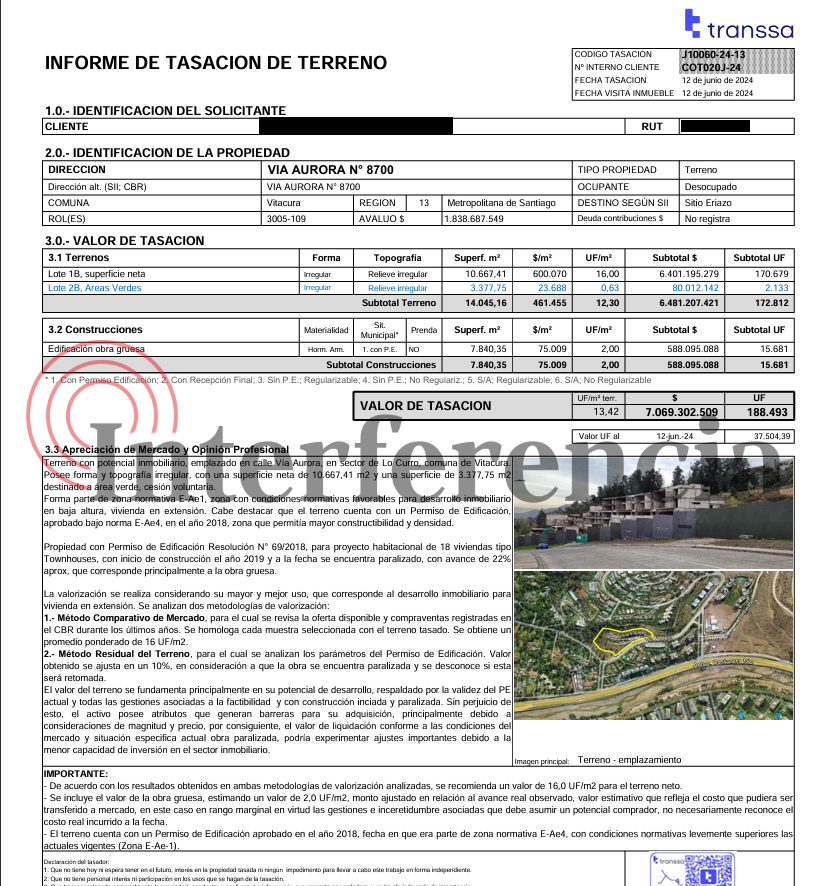 Tasación del terreno ofrecido a Tanner. Tasación del terreno ofrecido a Tanner.
