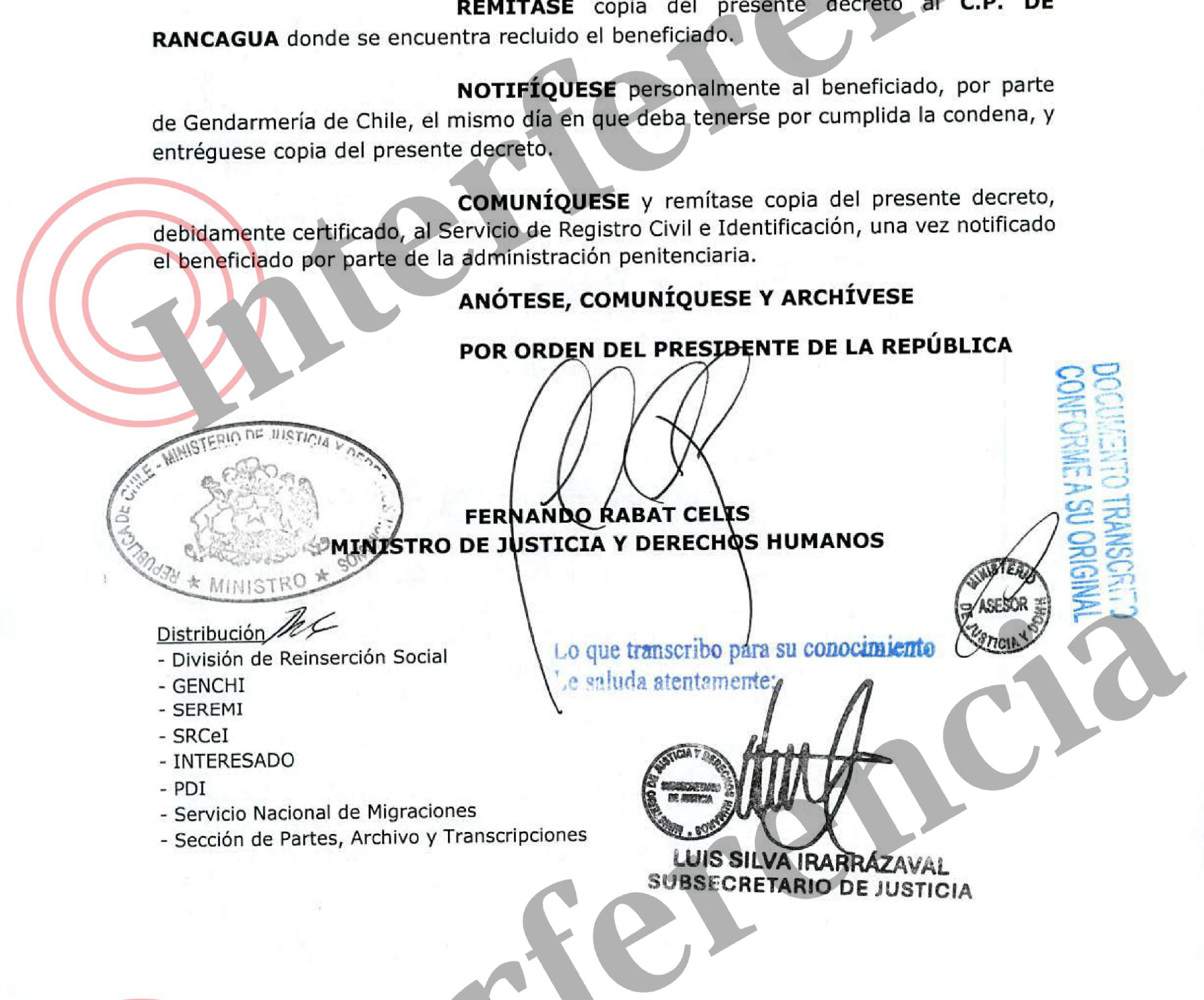 Decreto que rebaja la condena con la firma de Rabat 