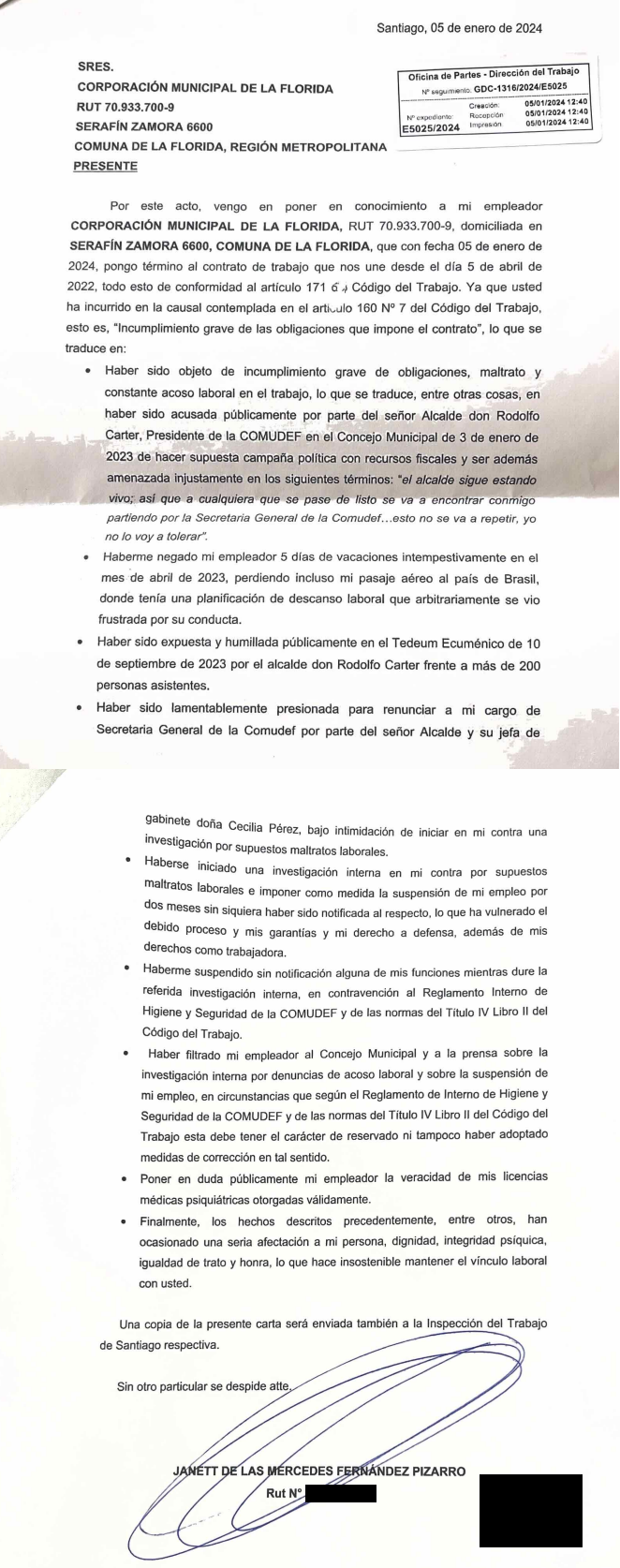 Carta de renuncia de Janett Fernández.