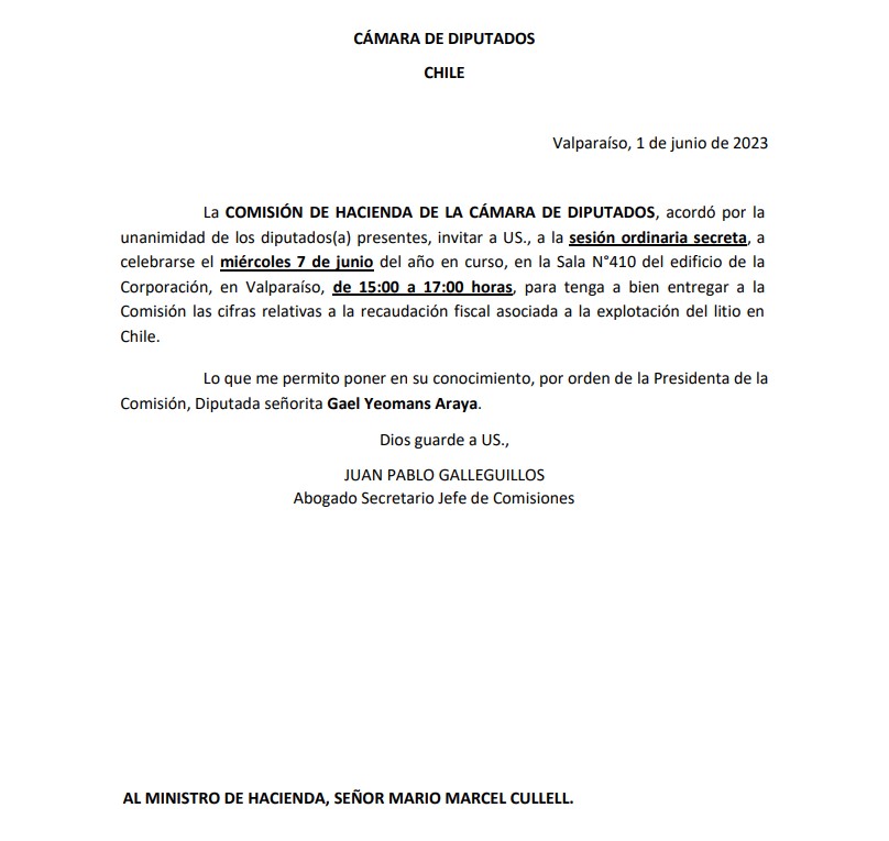 Citación de Comisión de Hacienda a ministro Mario Marcel. Citación de Comisión de Hacienda