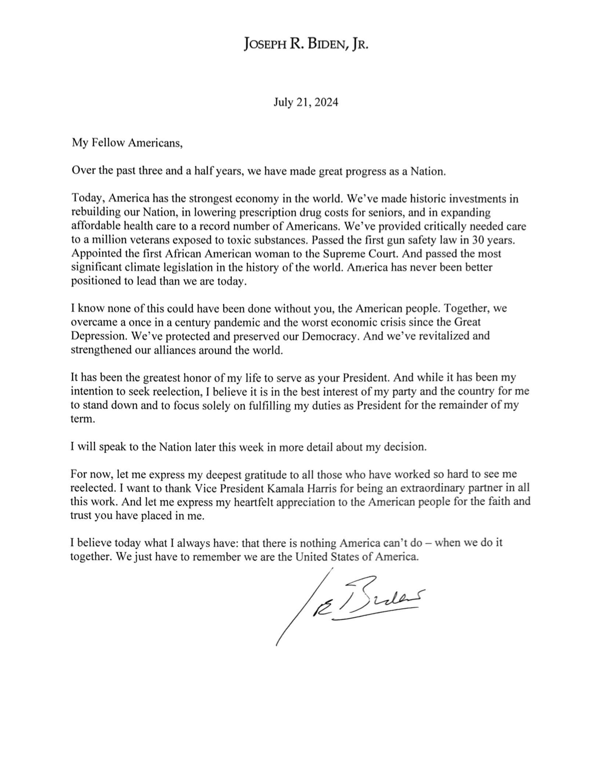 Comunicado de Joe Biden en el que informa que no continuará en la carrera presidencial. Comunicado de Joe Biden en que informa que no continuará en la carrera presidencial.