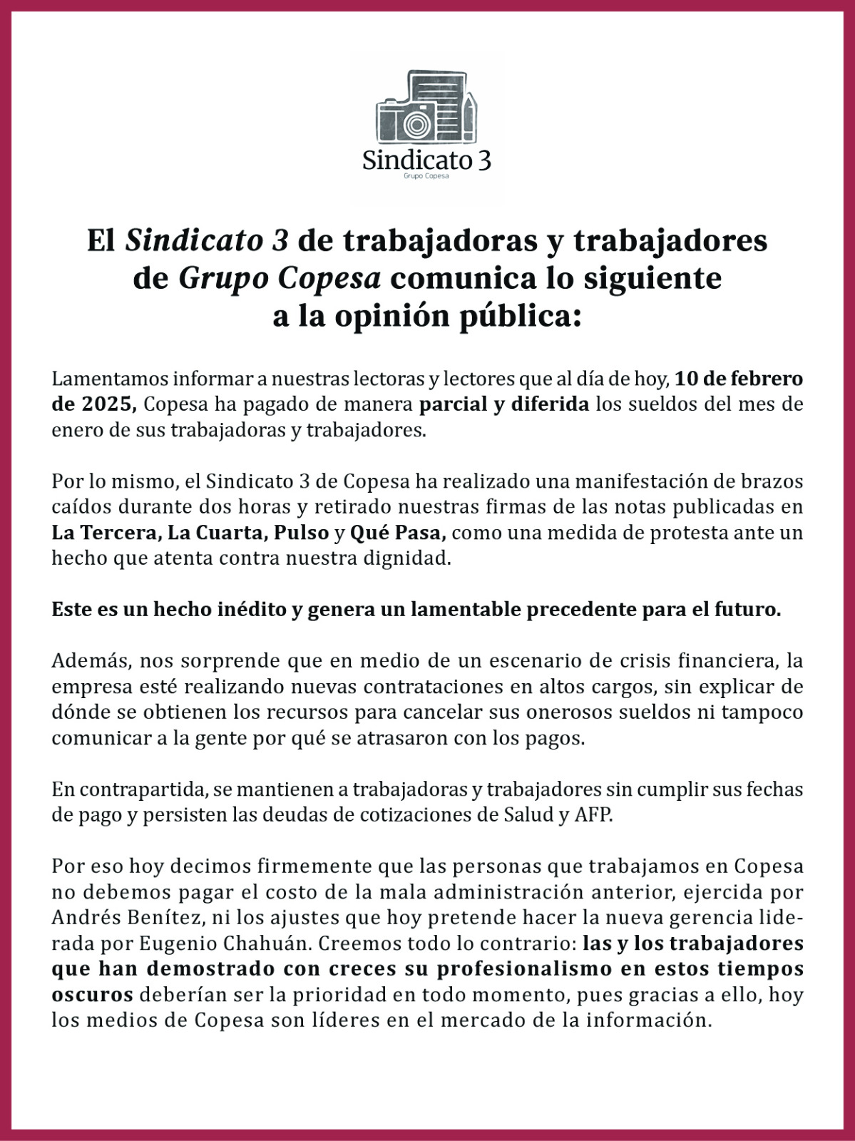 Comunicado Sindicato 3 de trabajadoras y trabajadores de Grupo Copesa. Comunicado Sindicato 3 de trabajadoras y trabajadores de Grupo Copesa.