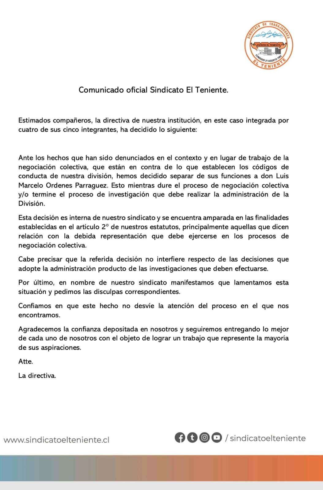 Comunicado Sindicato de Trabajadores El Teniente. Comunicado Sindicato de Trabajadores El Teniente.