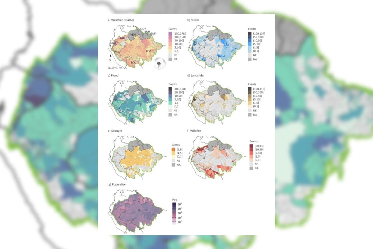 Concentración de eventos climáticos en la Amazonía entre 2013 y 2023. Imagen: cortesía Weather disasters and their underreported transboundary impacts on Amazonian communities