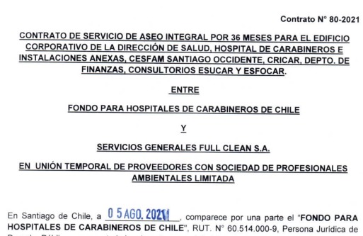 Contrato entre Fullclean y el Fondo para Hospitales de Carabineros
