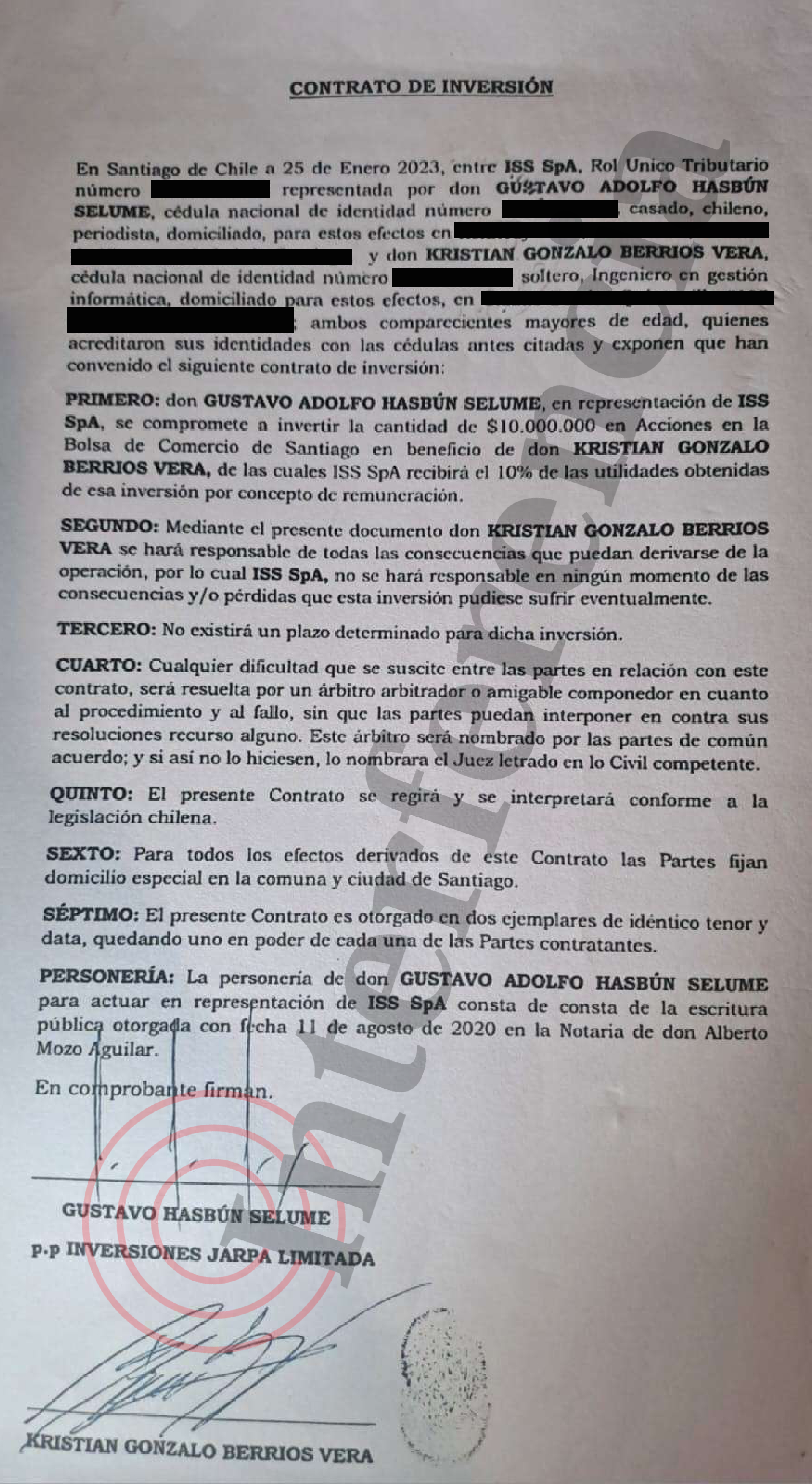 Contrato por la compra de acciones entre Kristian Berríos y Hasbún y ISS SpA. Contrato por la compra de acciones entre Kristian Berríos y Hasbún y ISS SpA.