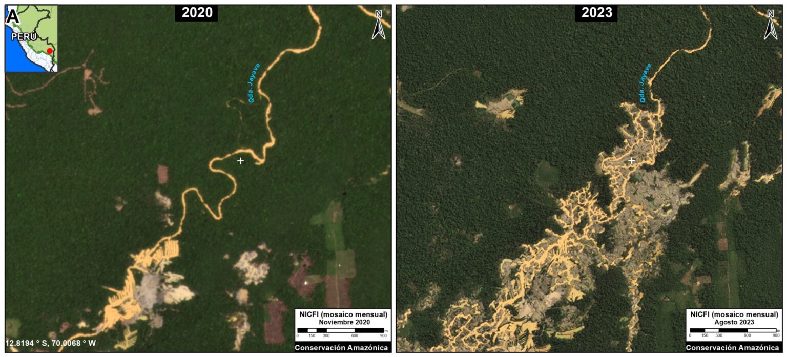 Las imágenes satelitales muestran la deforestación en el corredor minero. Fuente: ACCA / MAAP. Las imágenes satelitales muestran la deforestación en el corredor minero. Fuente: ACCA / MAAP.
