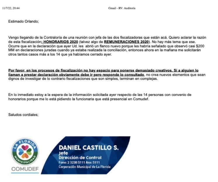 Correo enviado por Castillo a Herrera después de reunión con Contraloría