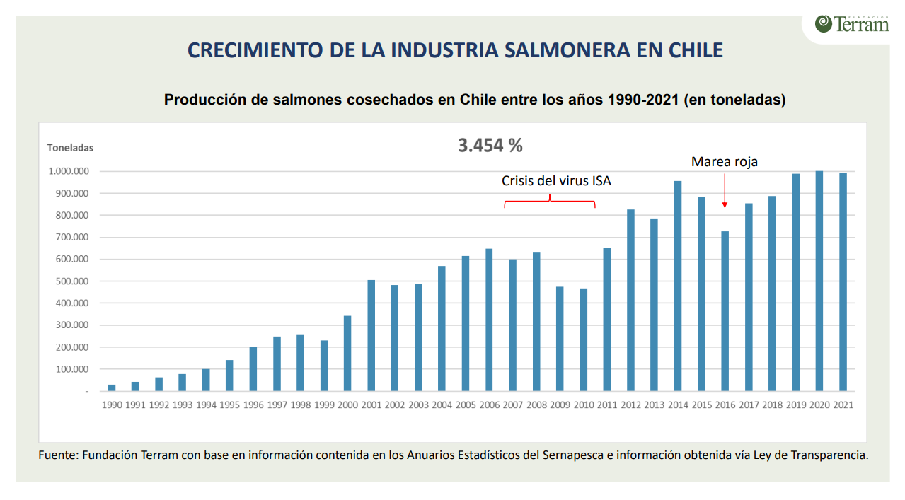 Crecimiento de la industria salmonera en Chile. Fuente: Terram.