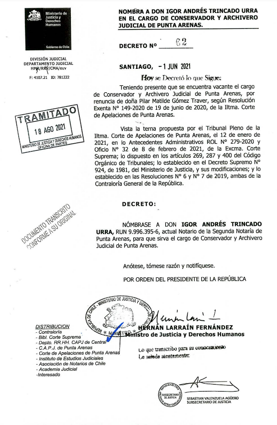 Nombramiento Igor Trincado Urra. Nombramiento Trincado Urra