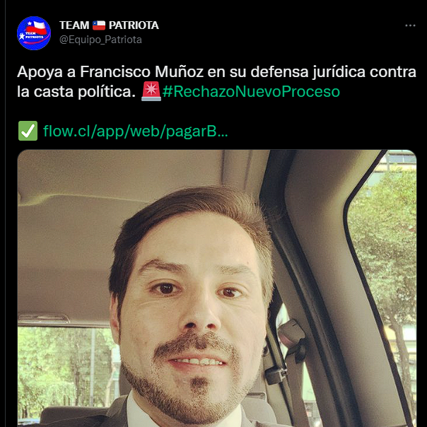 Team Patriota solicita aportes para la defensa jurídica de Muñoz el 03/10/22. Foto: Twitter.