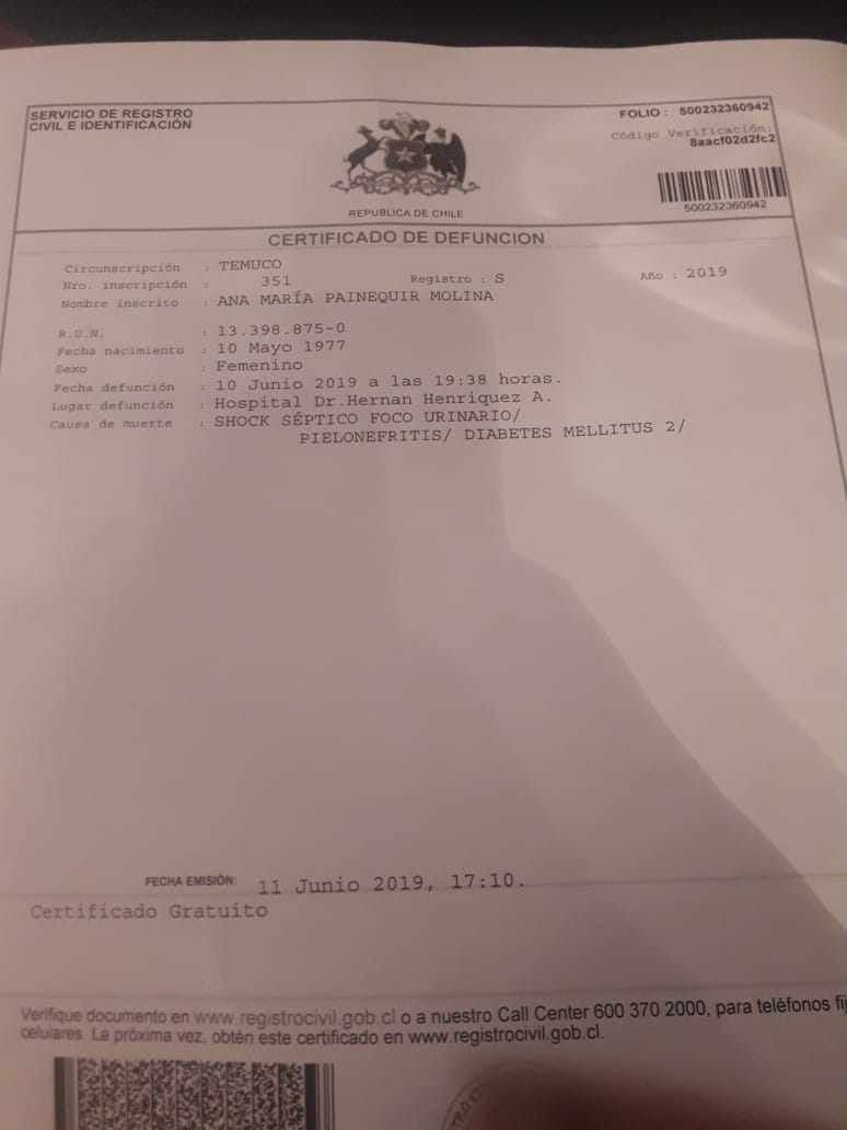 Certificado de defunción de Ana María Painequir