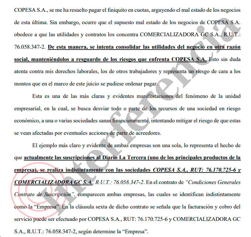 Demanda acusa a Copesa de desviar utilidades a empresa sana. Demanda acusa a Copesa de desviar utilidades a empresa sana.