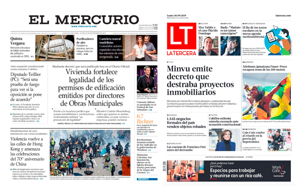 Las portadas de El Mercurio y La Tercera destacan la publicación del decreto en sus portadas de este lunes 30 de septiembre. Las portadas de El Mercurio y La Tercera destacan la publicación del decreto en sus portadas de este lunes 30 de septiembre.