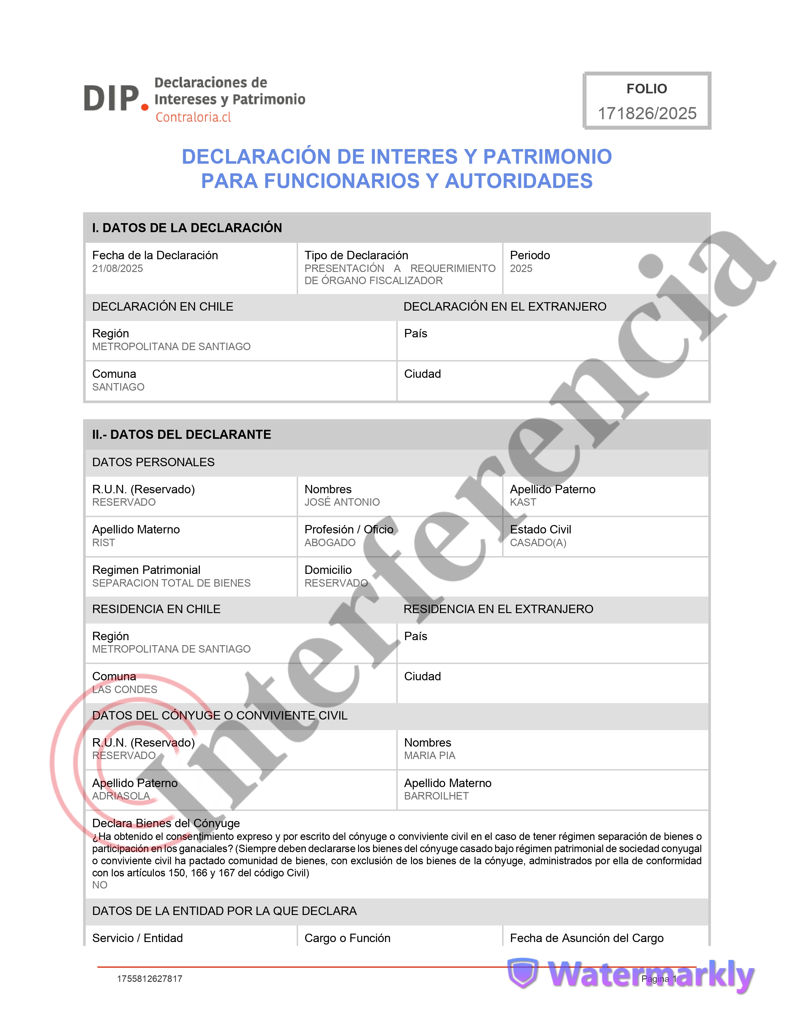Declaración de Intereses y Patrimonio de José Antonio Kast, para su candidatura presidencial 2025.