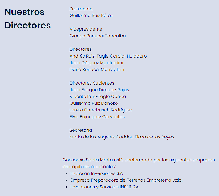 Directorio Consorcio Santa Marta. Fuente: Plataforma web del Consorcio www.csmarta.cl Directorio Consorcio Santa Marta