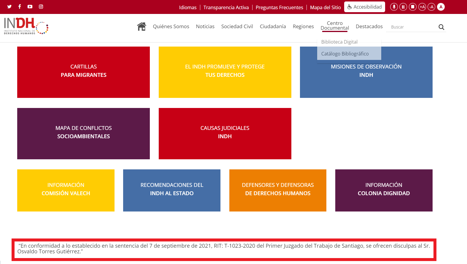 Disculpas públicas del INDH a Torres. Fuente: indh.cl