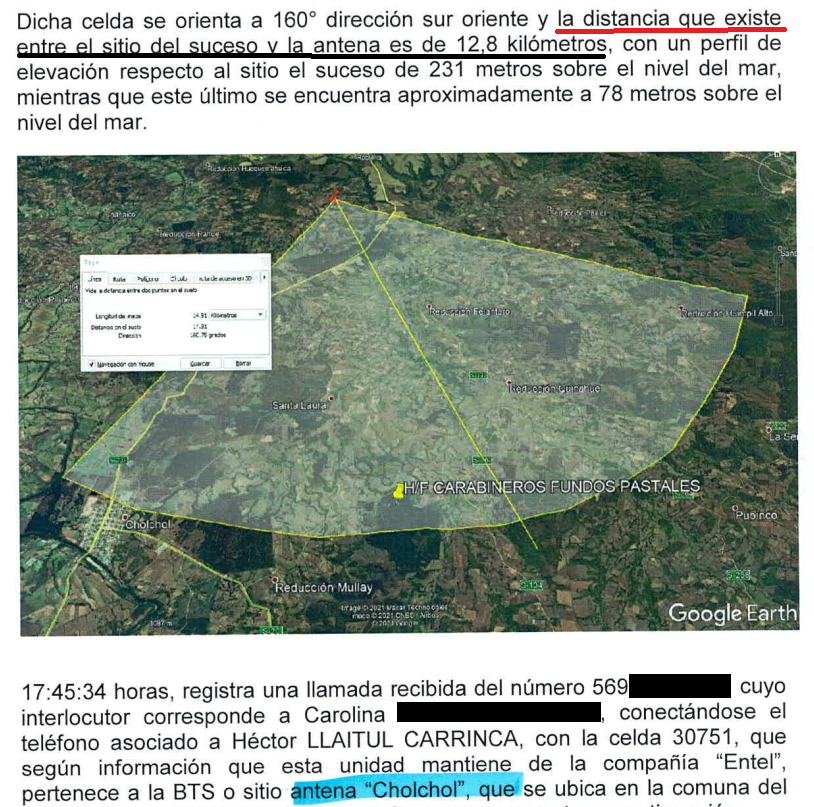Área probable donde fue interceptada una de las llamadas de Llaitul