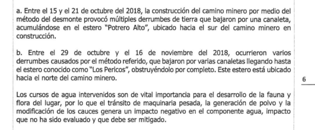 Extracto denuncia ante la SMA en contra de Nutrex. Se enumeran parte de los perjuicios ambientales que habría sufrido el parque en las labores de exploración minera.
