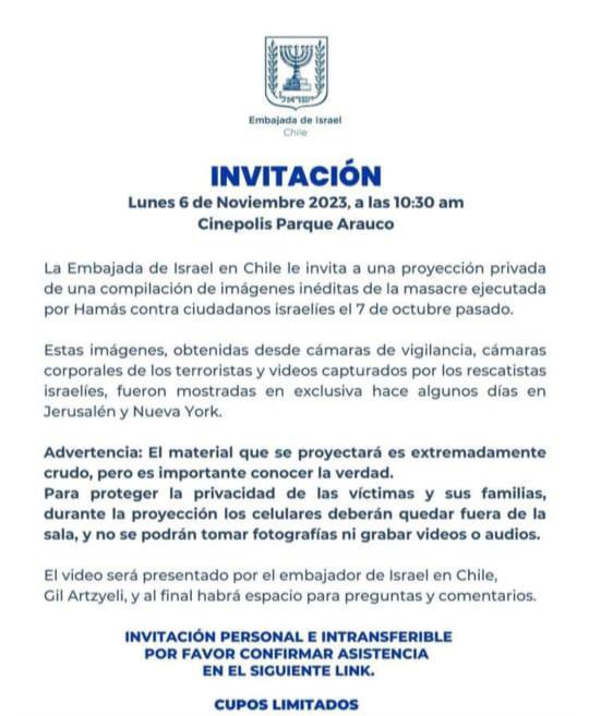 Invitación de la Embajada de Israel a ver "la masacre de Hamás".