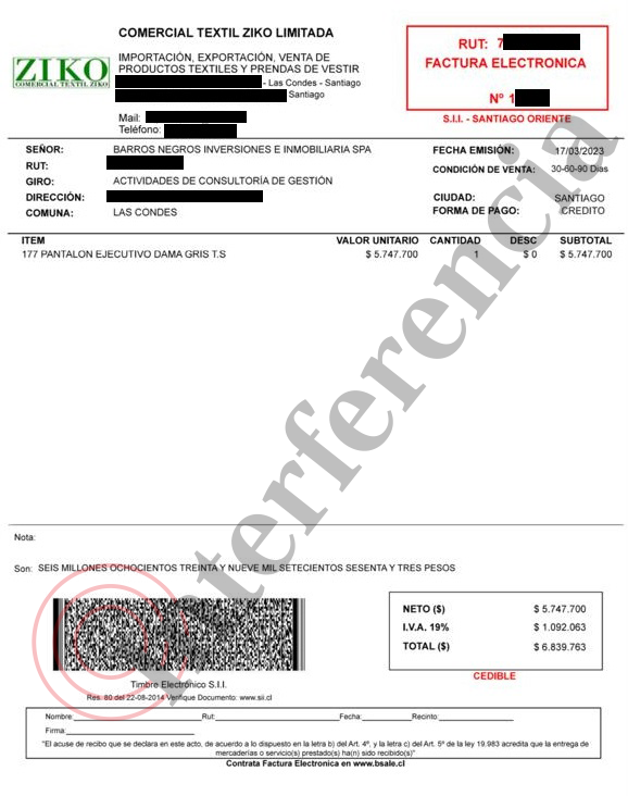 Factura de Ziko a Barros Negros de Corbo, por $6,8 millones. Factura de Ziko a Barros Negros de Corbo, por $6,8 millones.