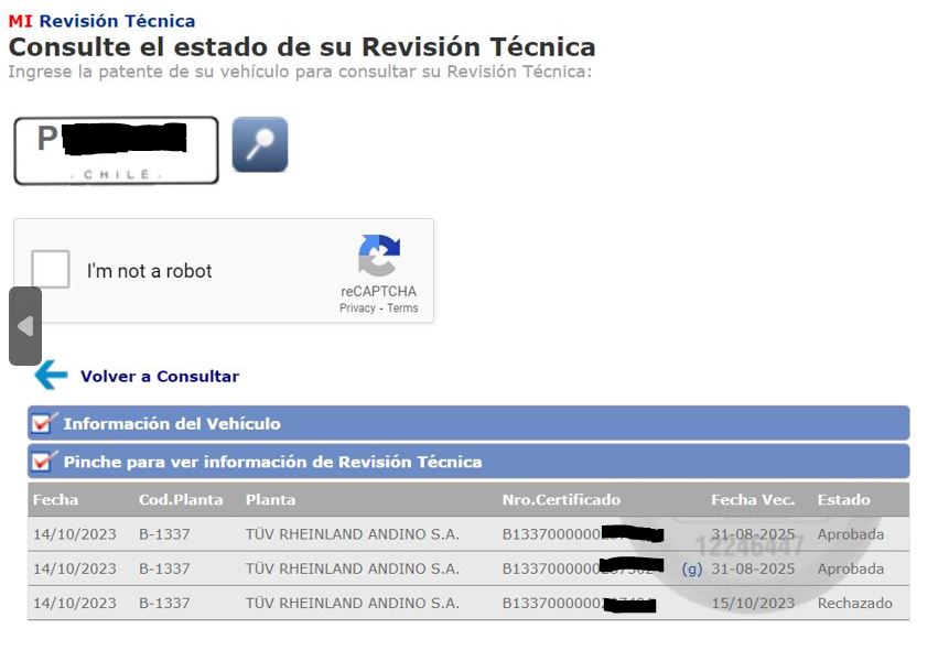 Registro de revisión técnica del vehículo 