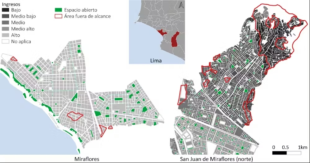 Zonas fuera del alcance de 5 minutos (400 m a pie en terreno llano, 230 m en pendientes superiores a 25°) en dos distritos de Lima. La zona norte del distrito la derecha tiene una topografía accidentada. Silva & Pafka, 2023